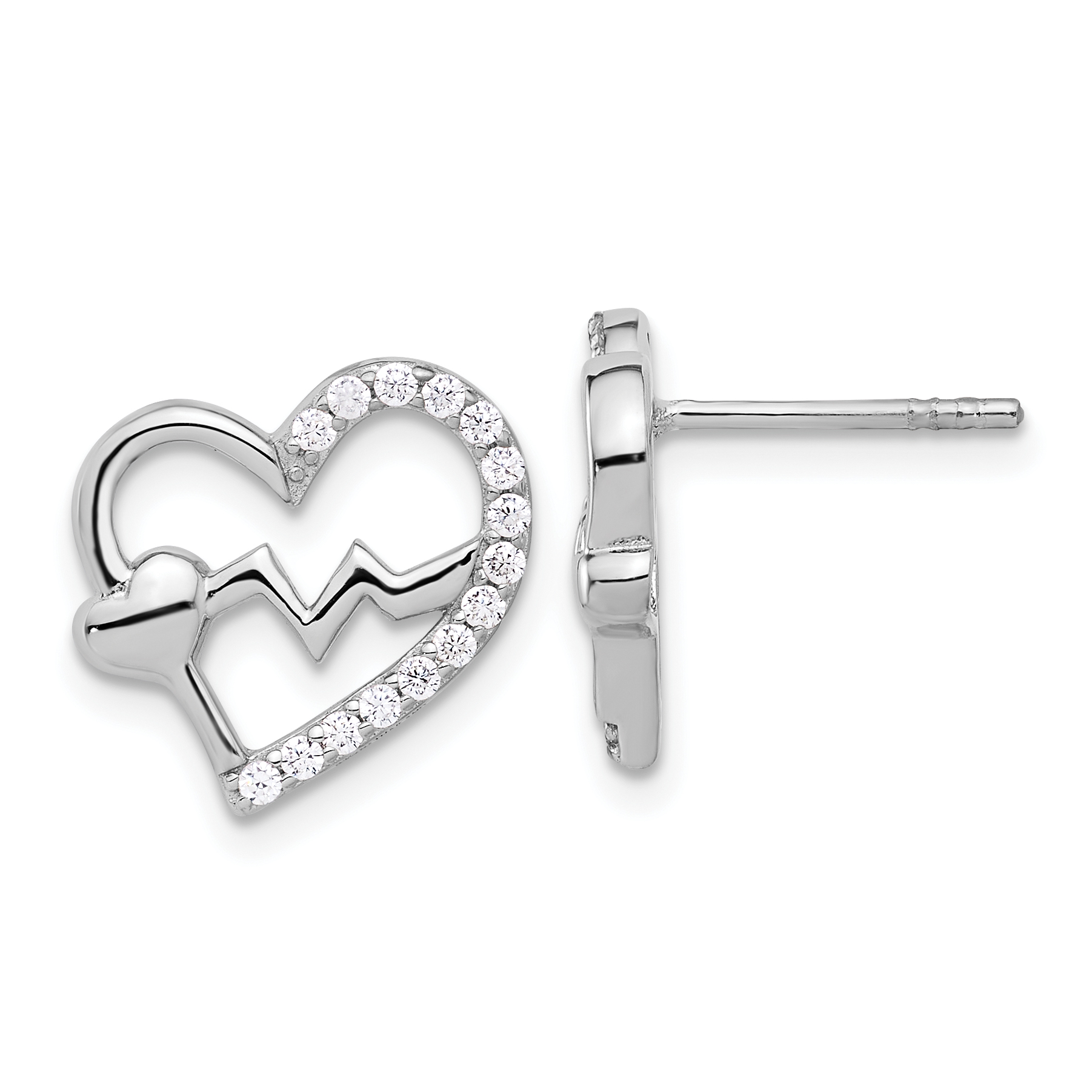 Sterling Silver Rhodium-plated Polished CZ Heartbeat Heart Post Earrings (QE17520)