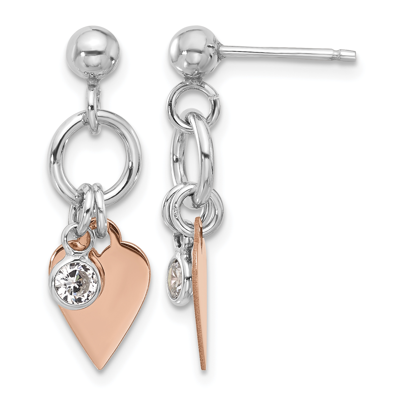 Sterling Silver Rose Gold-plated Polished /heart and CZ Post Earrings (QE17523)