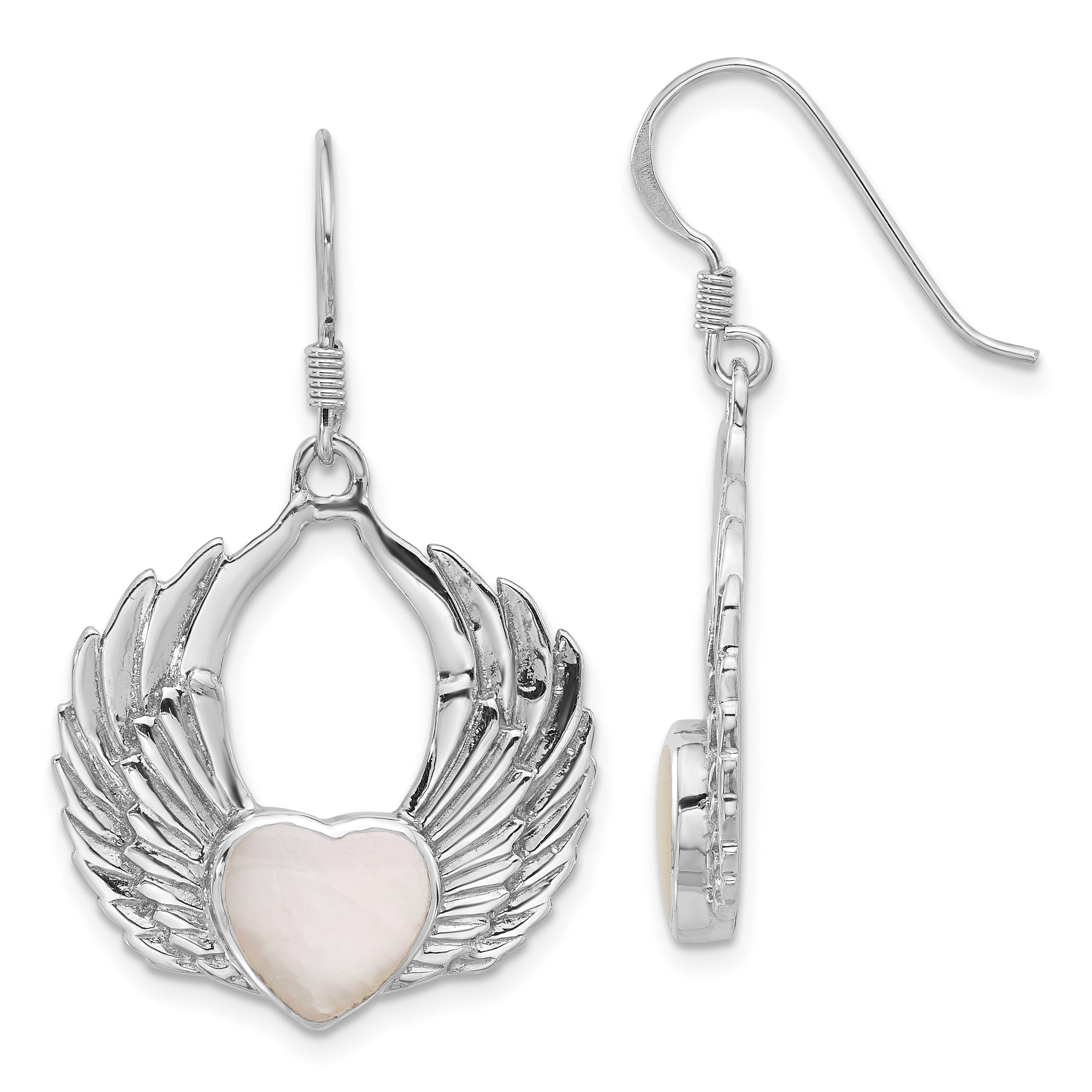 Sterling Silver Rhod-Plated Polished Mother of Pearl Winged Heart Earrings (QE17525)
