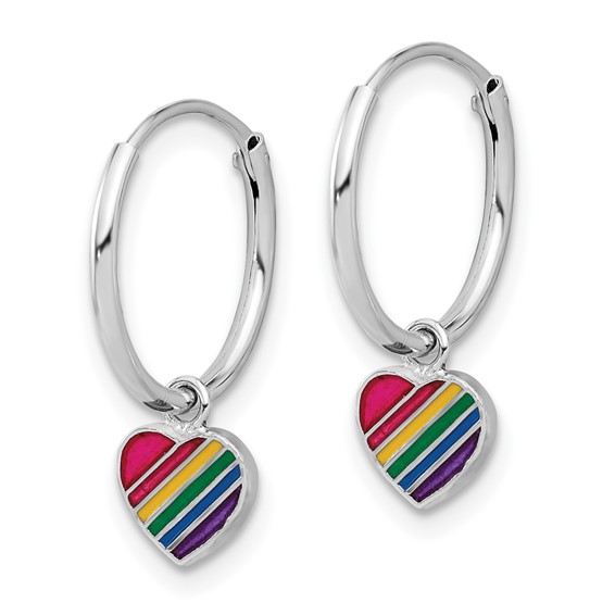 Sterling Silver Rh-plt Enamel Rainbow Heart Dangle Eternity Hoop Earrings