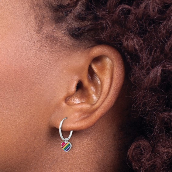 Sterling Silver Rh-plt Enamel Rainbow Heart Dangle Eternity Hoop Earrings