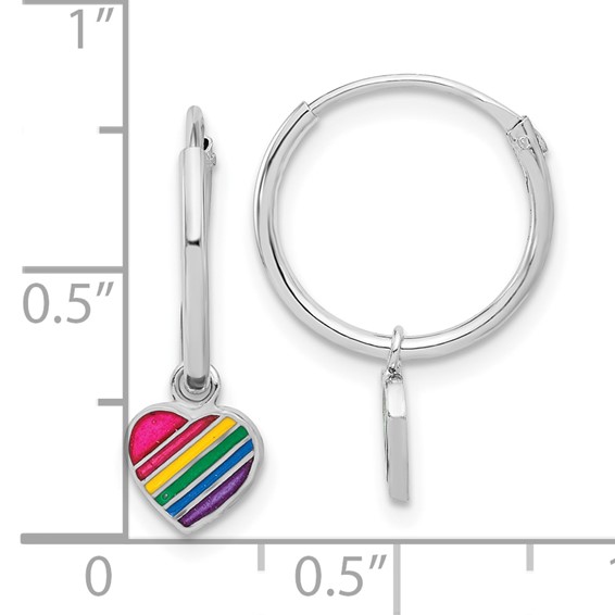 Sterling Silver Rh-plt Enamel Rainbow Heart Dangle Eternity Hoop Earrings