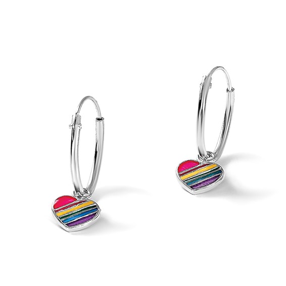 Sterling Silver Rh-plt Enamel Rainbow Heart Dangle Eternity Hoop Earrings