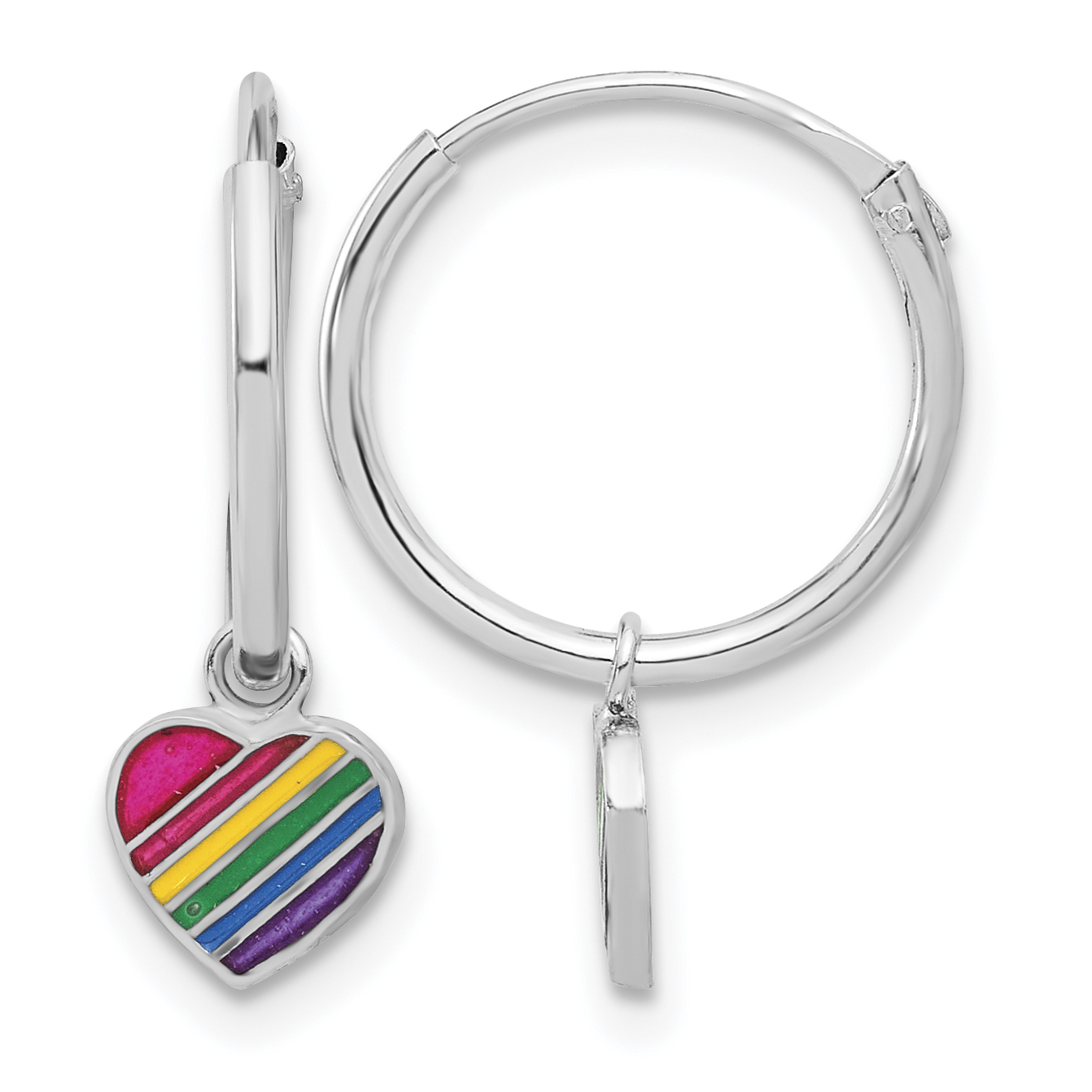 Sterling Silver Rh-plt Enamel Rainbow Heart Dangle Eternity Hoop Earrings (QE17528)