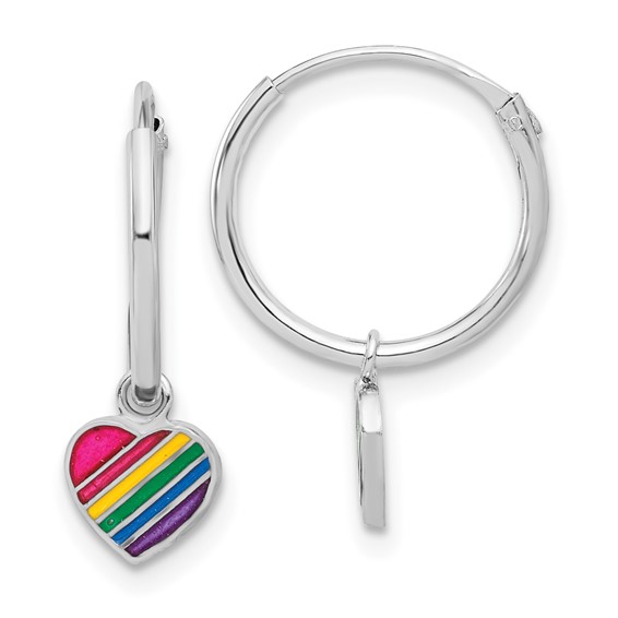 Sterling Silver Rh-plt Enamel Rainbow Heart Dangle Eternity Hoop Earrings