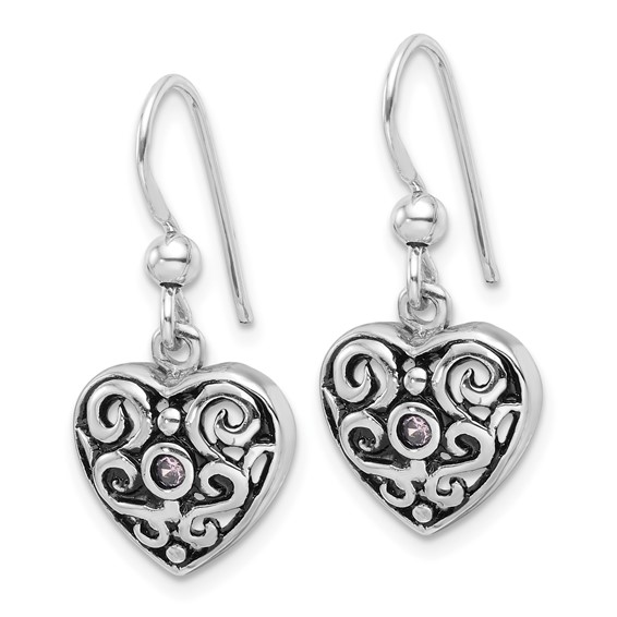 SS Rhodium-plated Antiqued Pink CZ Filigree Heart Dangle Earrings