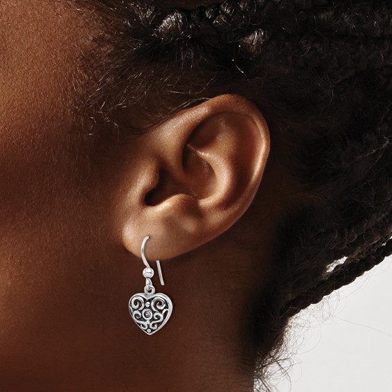 SS Rhodium-plated Antiqued Pink CZ Filigree Heart Dangle Earrings