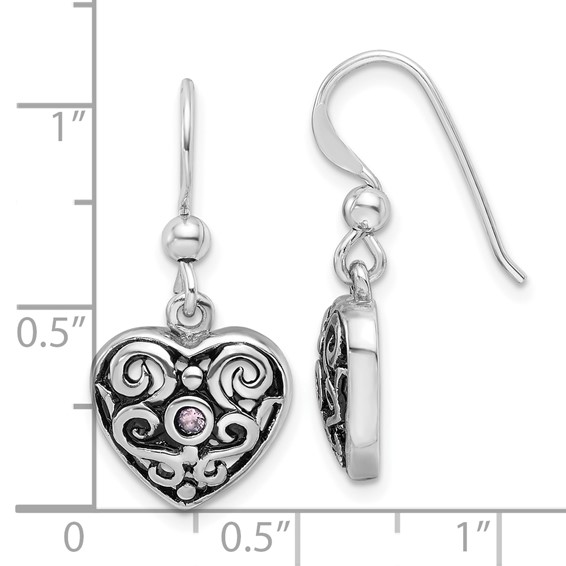 SS Rhodium-plated Antiqued Pink CZ Filigree Heart Dangle Earrings