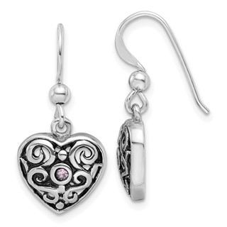 SS Rhodium-plated Antiqued Pink CZ Filigree Heart Dangle Earrings