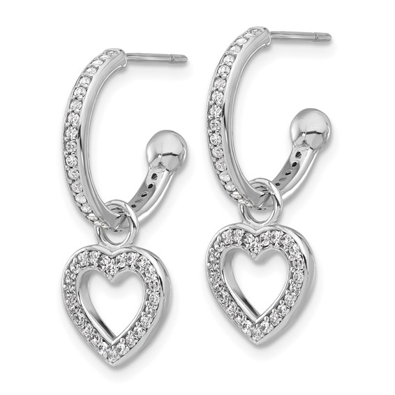 Sterling Silver Rhod-plated Polished CZ Dangle Heart Hoop Post Earrings