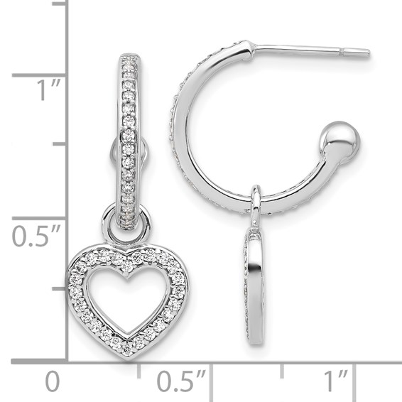 Sterling Silver Rhod-plated Polished CZ Dangle Heart Hoop Post Earrings