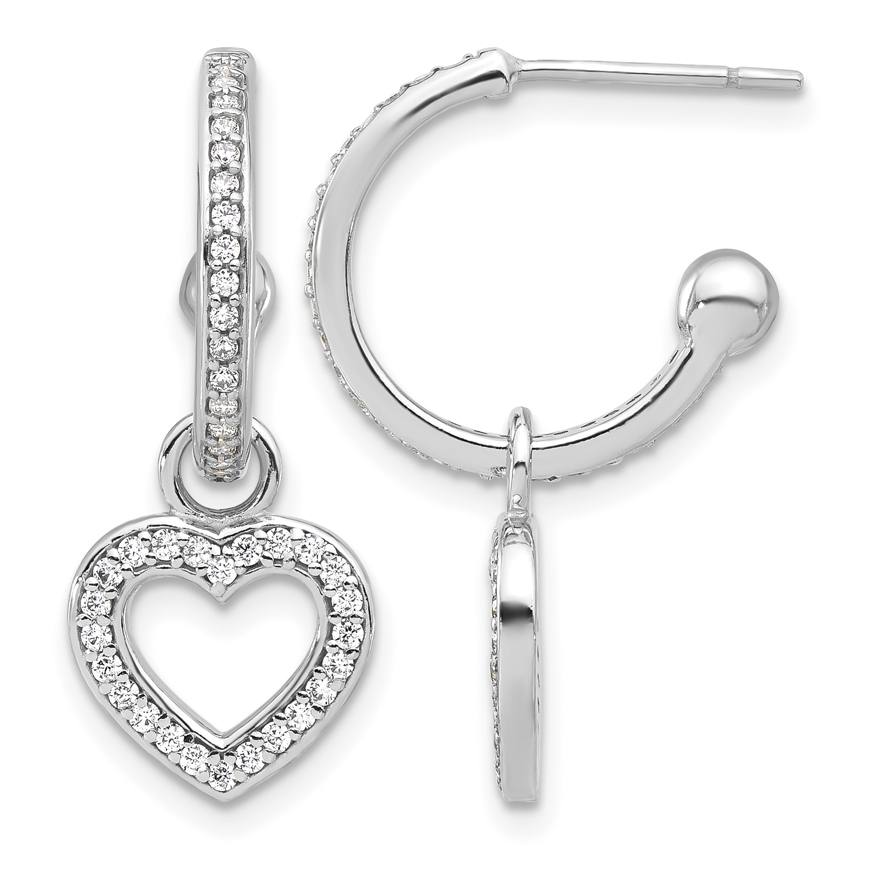 Sterling Silver Rhod-plated Polished CZ Dangle Heart Hoop Post Earrings (QE17534)