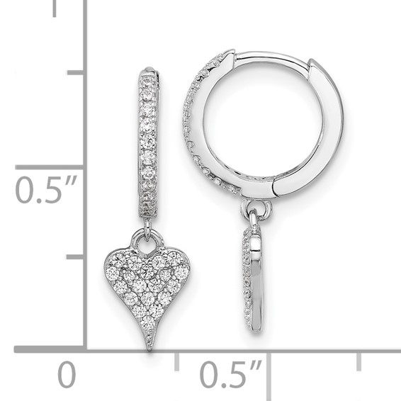 Sterling Silver Rhodium-plated CZ Heart Dangle Hinged Hoop Earrings
