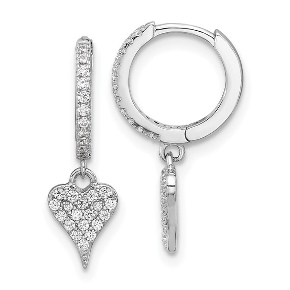 Sterling Silver Rhodium-plated CZ Heart Dangle Hinged Hoop Earrings