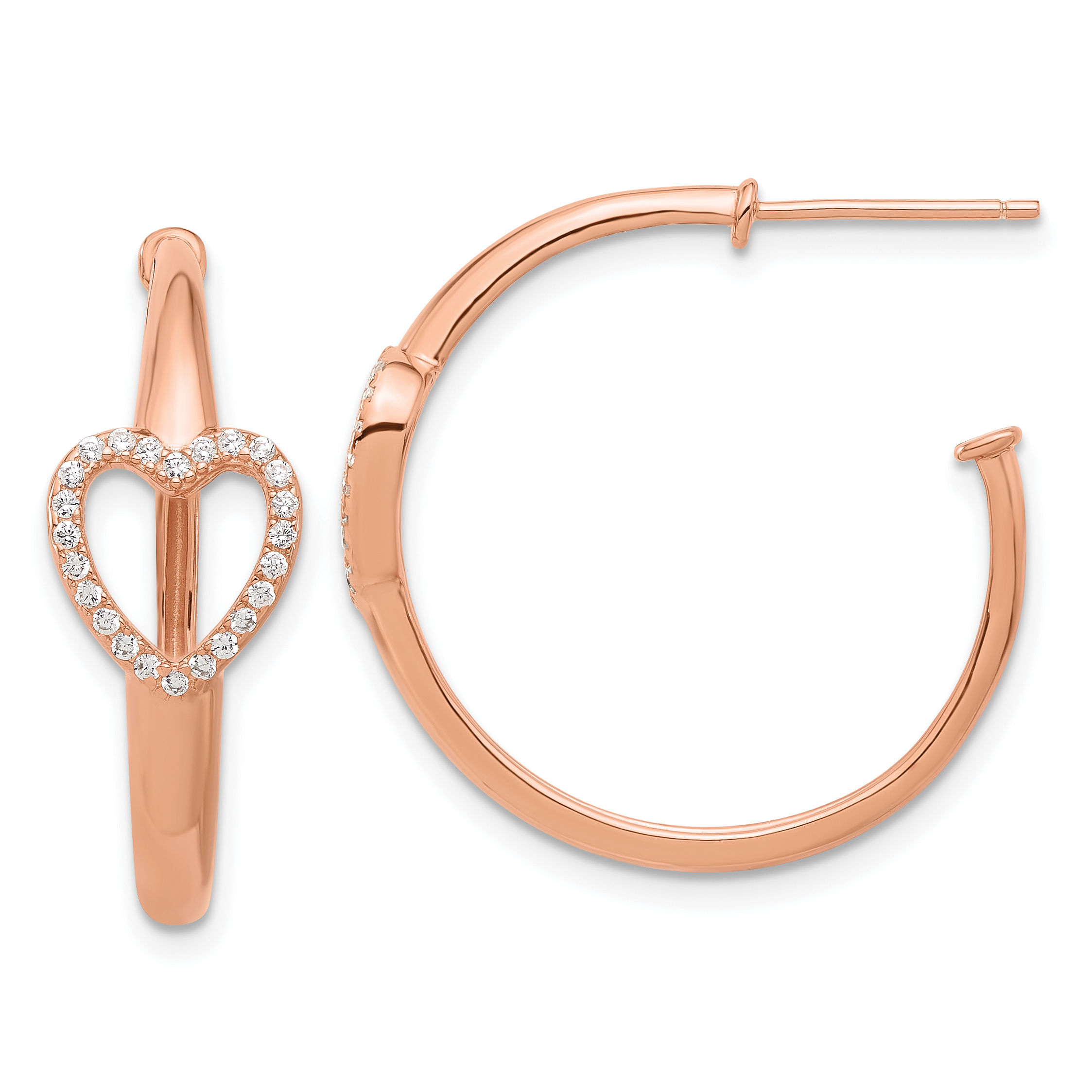 Sterling Silver Rose-tone CZ Heart Post Hoop Earrings (QE17542)