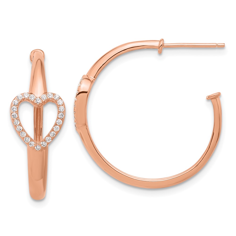 Sterling Silver Rose-tone CZ Heart Post Hoop Earrings (QE17542)