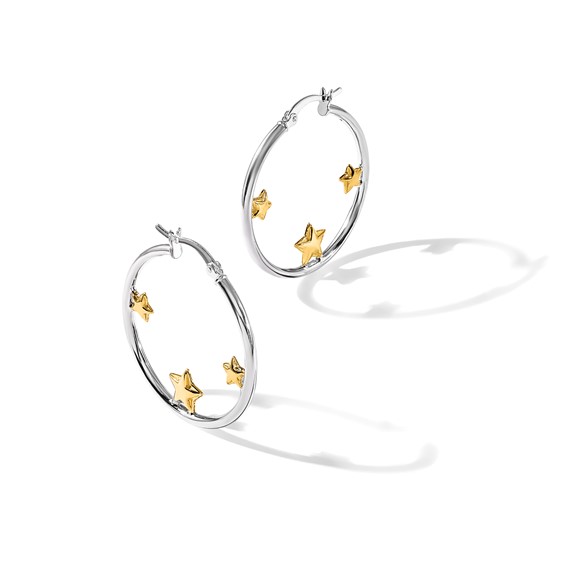 Sterling Silver and Gold-tone Stars Hoop Earrings