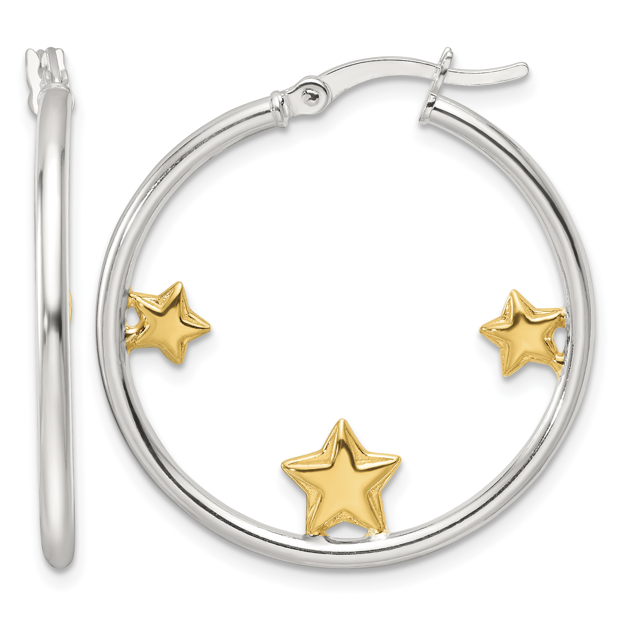 Sterling Silver and Gold-tone Stars Hoop Earrings (QE17555)