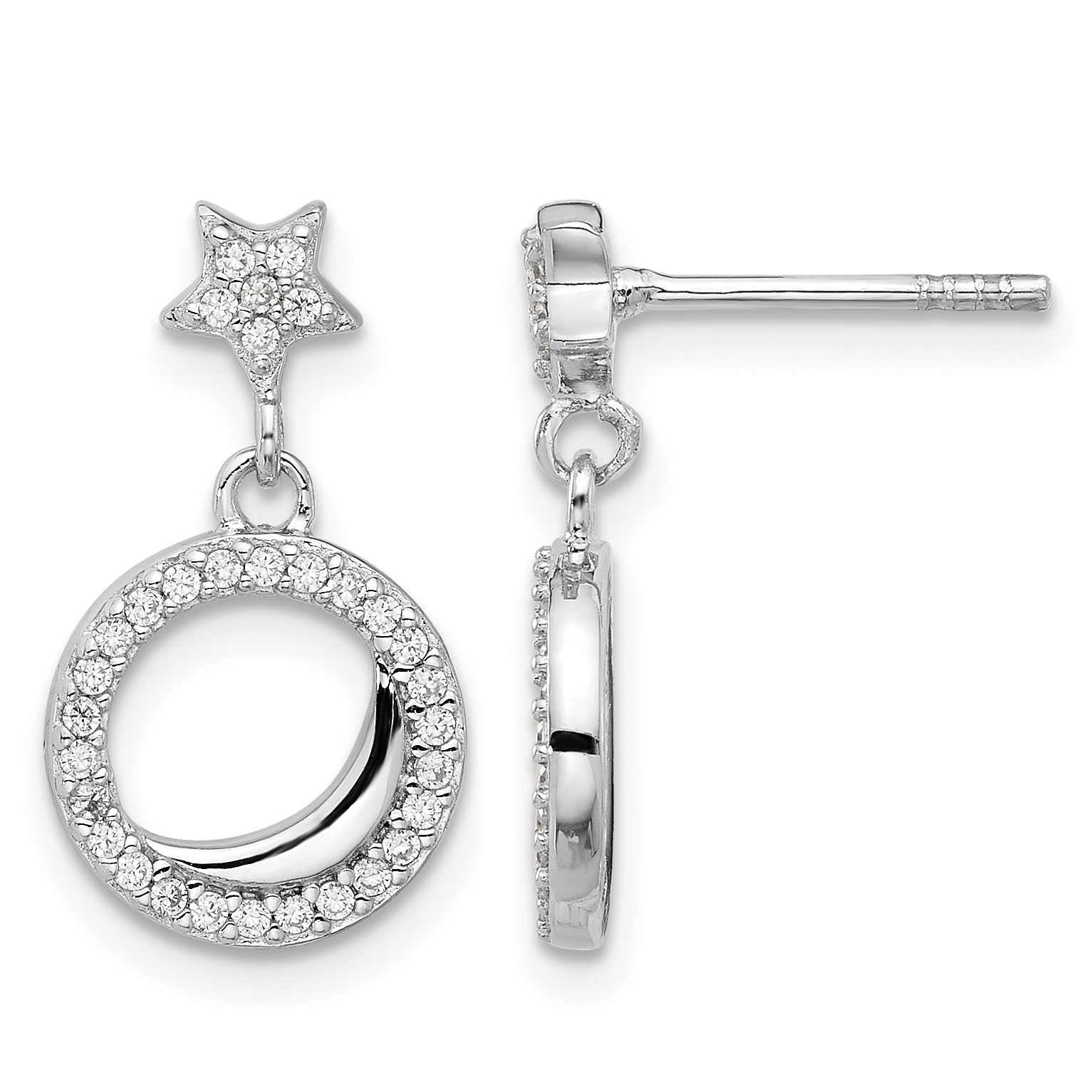 Sterling Silver Rhodium-plated Polished CZ Star Moon Dangle Post Earrings (QE17556)