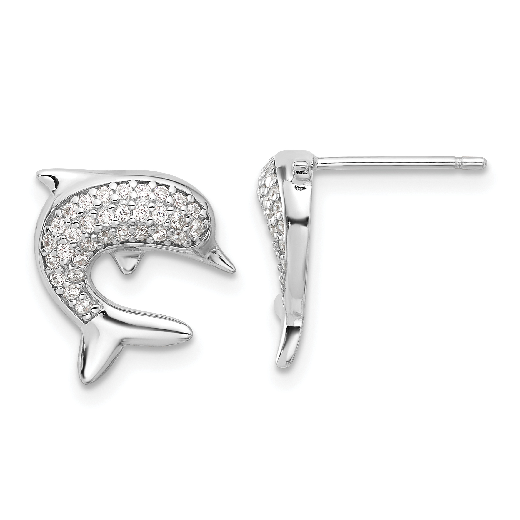 Sterling Silver Rhodium-plated CZ Dolphin Post Earrings (QE17561)