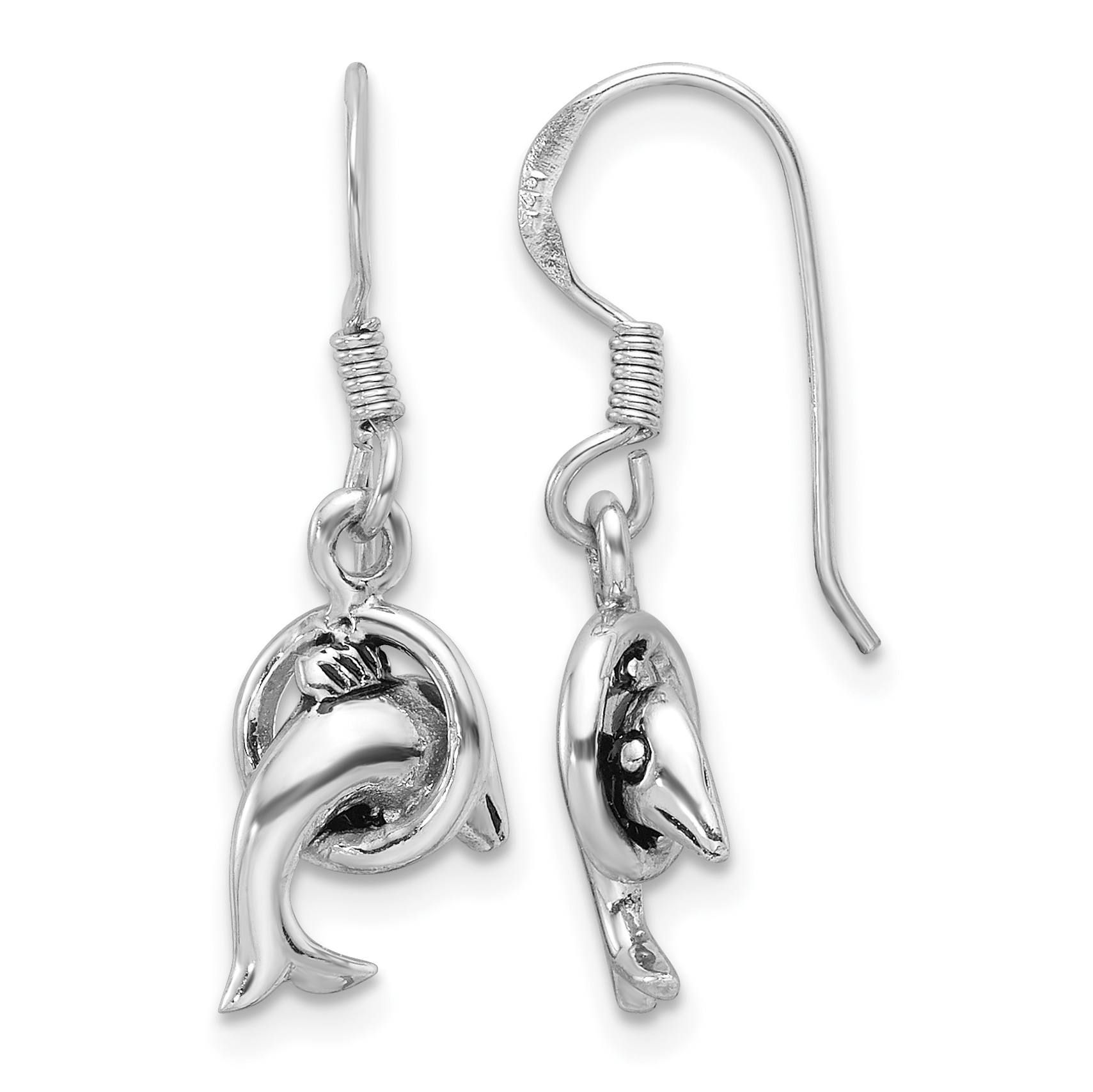 Sterling Silver Rhodium-plated Antiqued Dolphin Shepherd Hook Earrings (QE17562)
