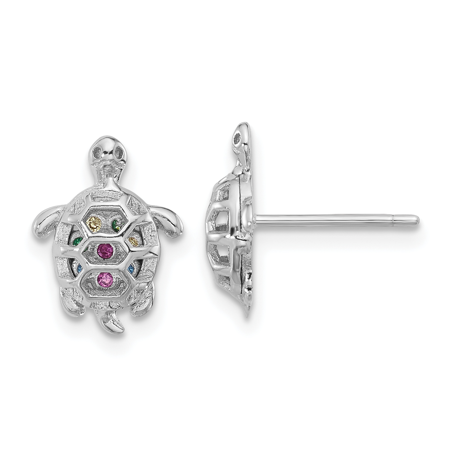Sterling Silver Rhodium-plated Polished Multi-color CZ Turtle Post Earrings (QE17563)