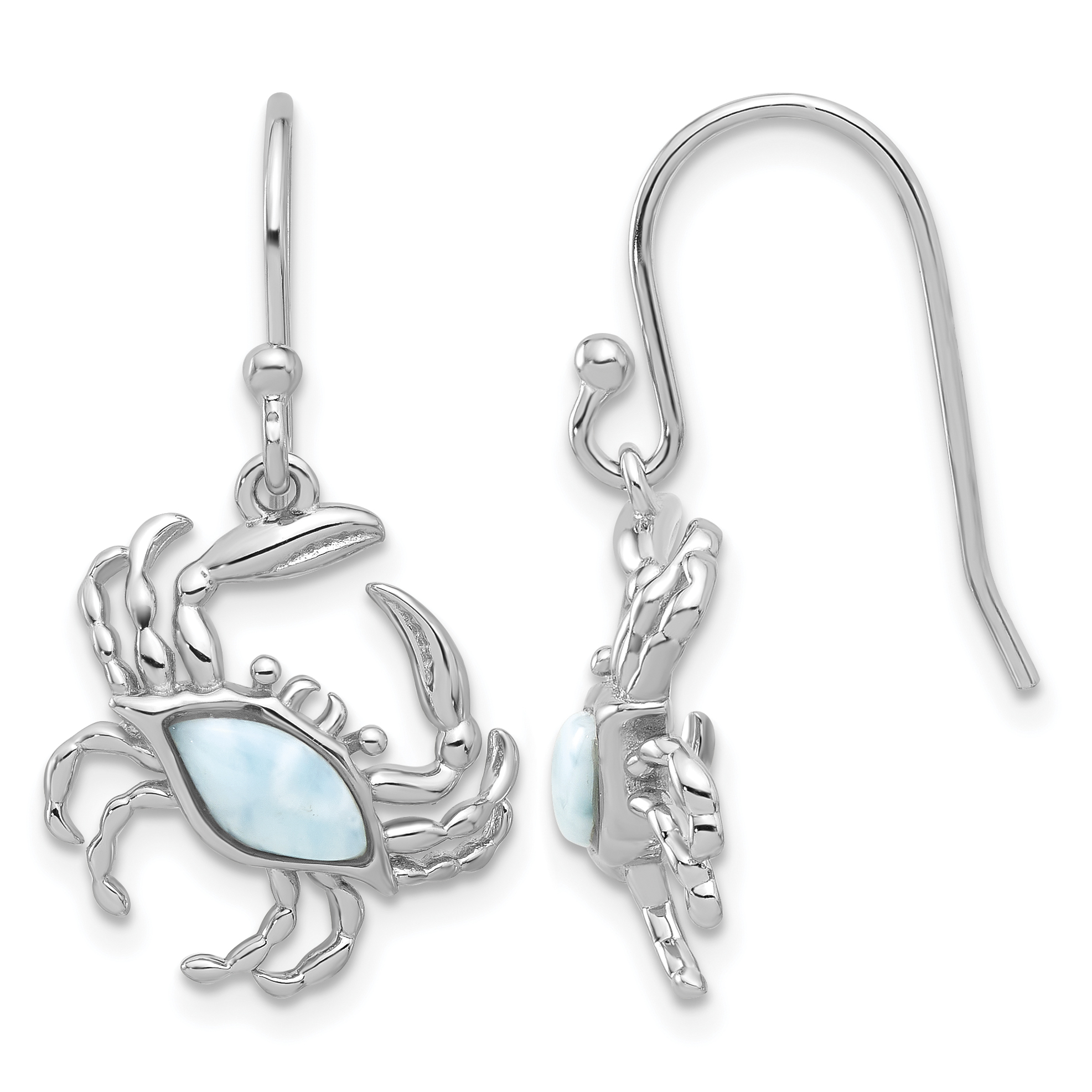 Sterling Silver Rhodium-plated Polished Larimar Crab Dangle Shepherd Hook Earrings (QE17564)