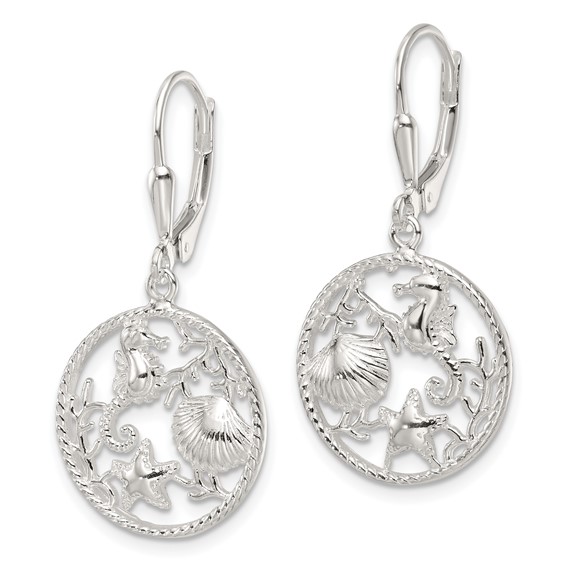 Sterling Silver Polished Sea Life Circle Dangle Leverback Earrings
