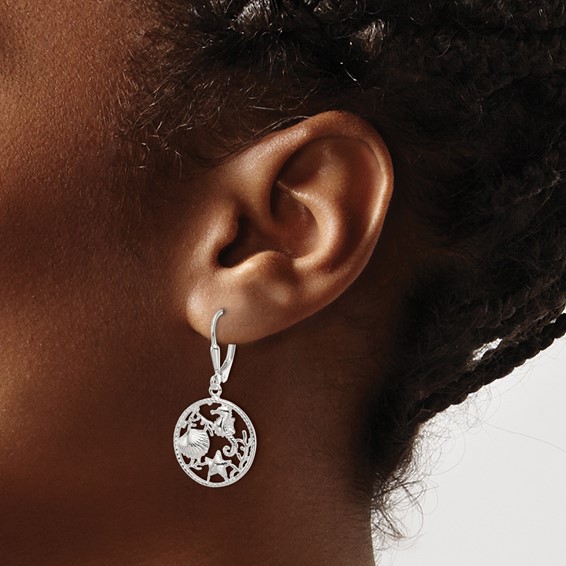Sterling Silver Polished Sea Life Circle Dangle Leverback Earrings