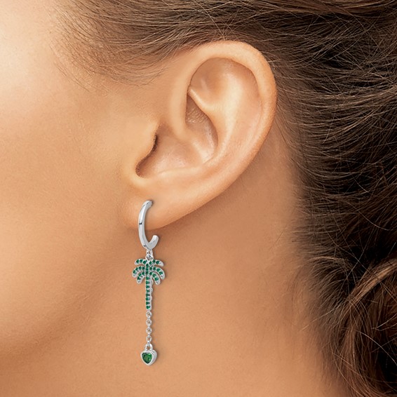 Pure Fire  Sterling Silver Rhod-plated Green CZ Palm Tree Heart Post Hoop E