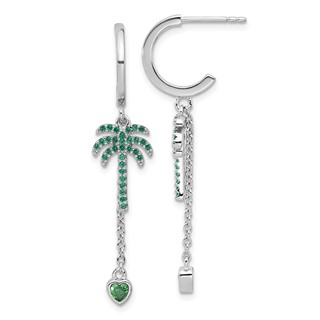 Pure Fire  Sterling Silver Rhod-plated Green CZ Palm Tree Heart Post Hoop E