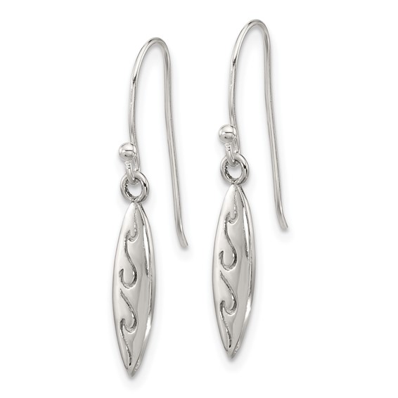 Sterling Silver Polished Etched Waves Pointed Oval Earrings