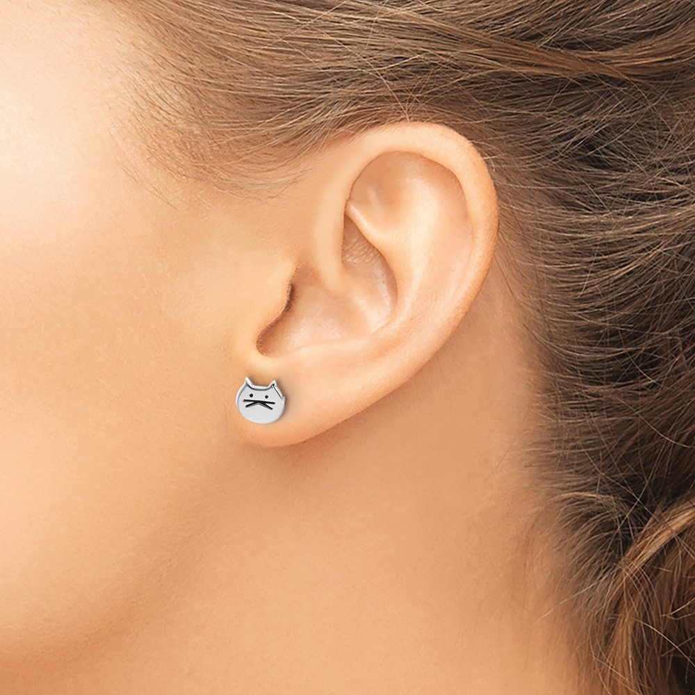 Sterling Silver Rhodium-plated Madi K Enamel Cat Face Post Earrings (QE17579)
