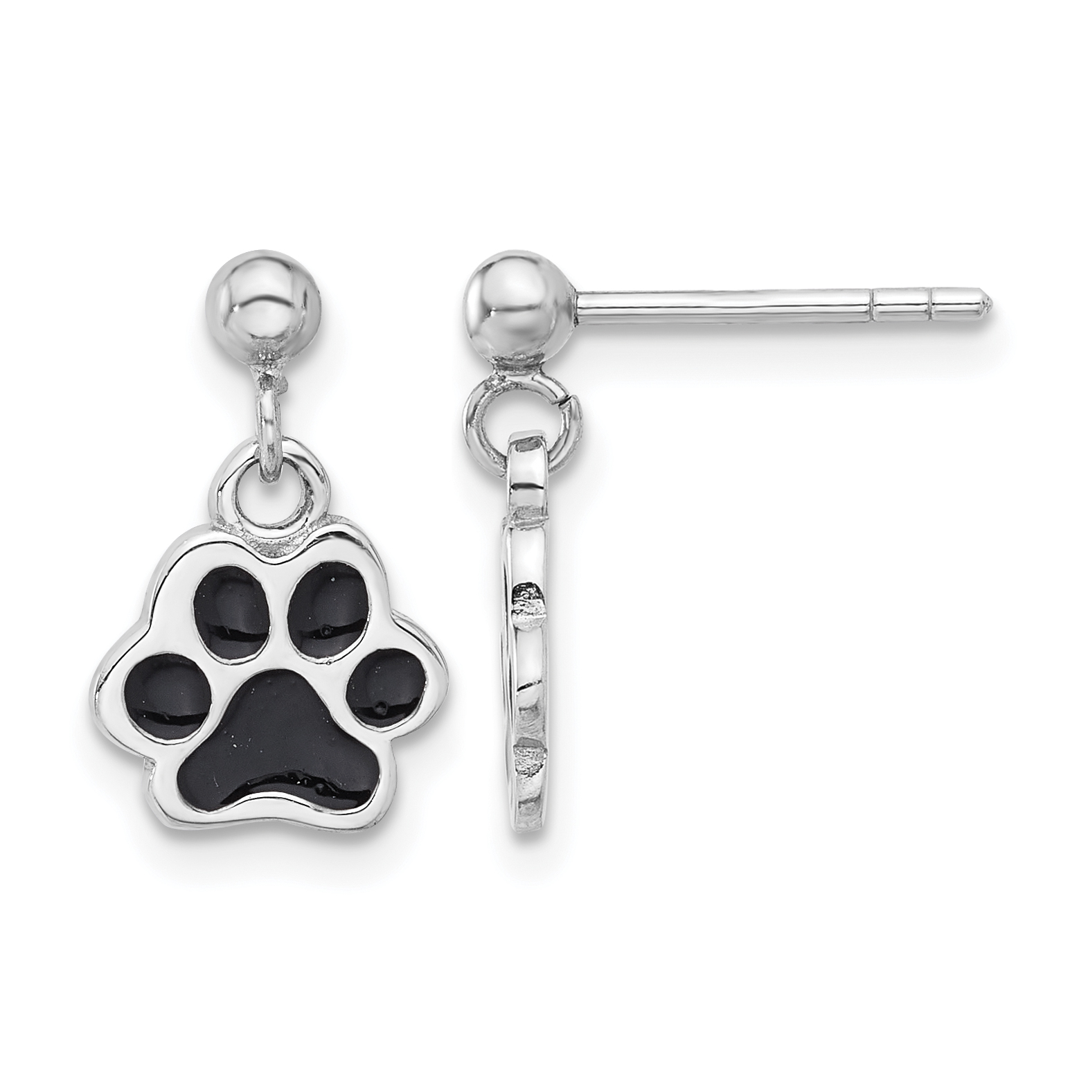 Sterling Silver Rhodium-plated Enameled Dog Paw Post Dangle Earrings (QE17587)