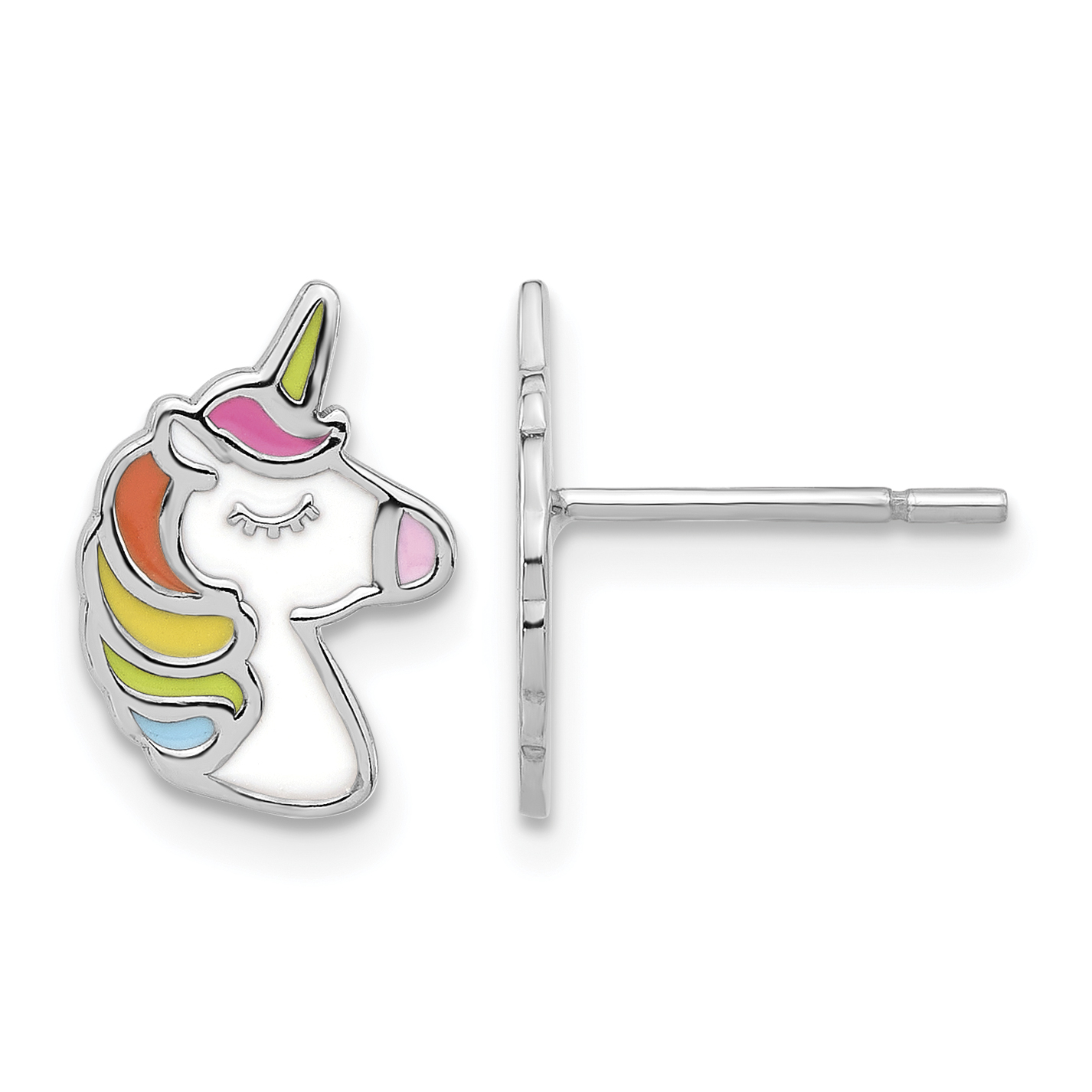 Sterling Silver Rhodium-plated Polished Enameled Unicorn Post Earrings (QE17592)