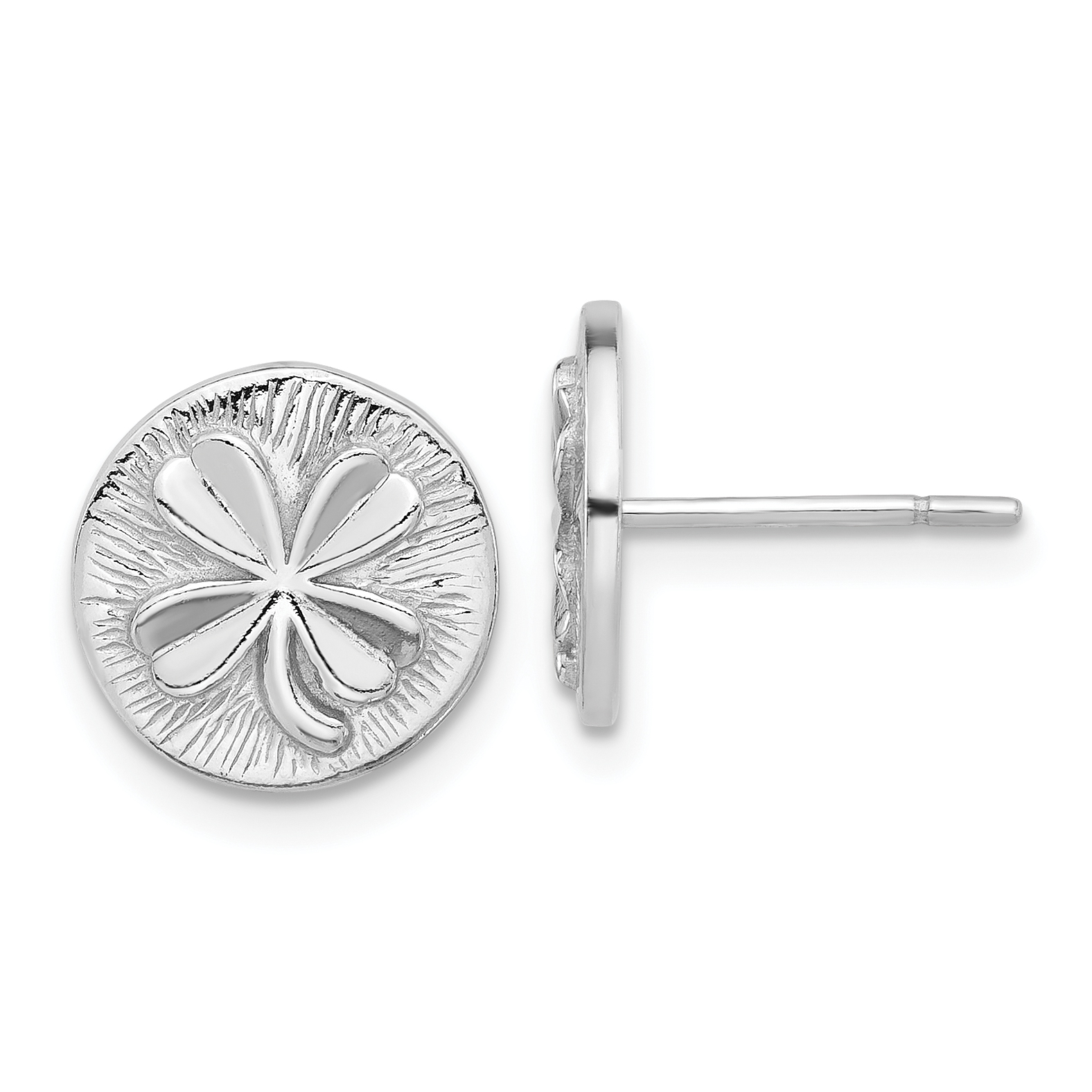 Sterling Silver Rhodium-plated Polished Textured Clover Post Earrings (QE17601)
