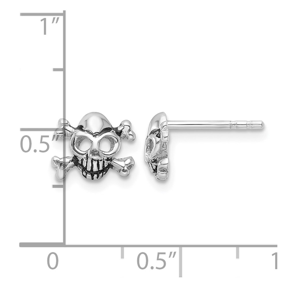 Sterling Silver Rhodium-plated Antiqued Skull and Crossbones Post Earrings (QE17612)