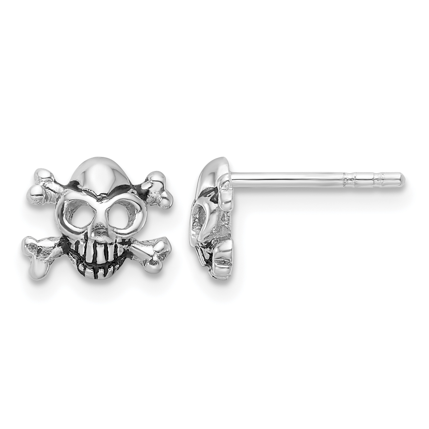 Sterling Silver Rhodium-plated Antiqued Skull and Crossbones Post Earrings (QE17612)