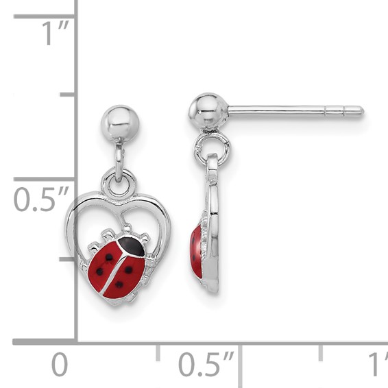 Sterling Silver Rh-plated Enameled Ladybug in Heart Post Dangle Earrings