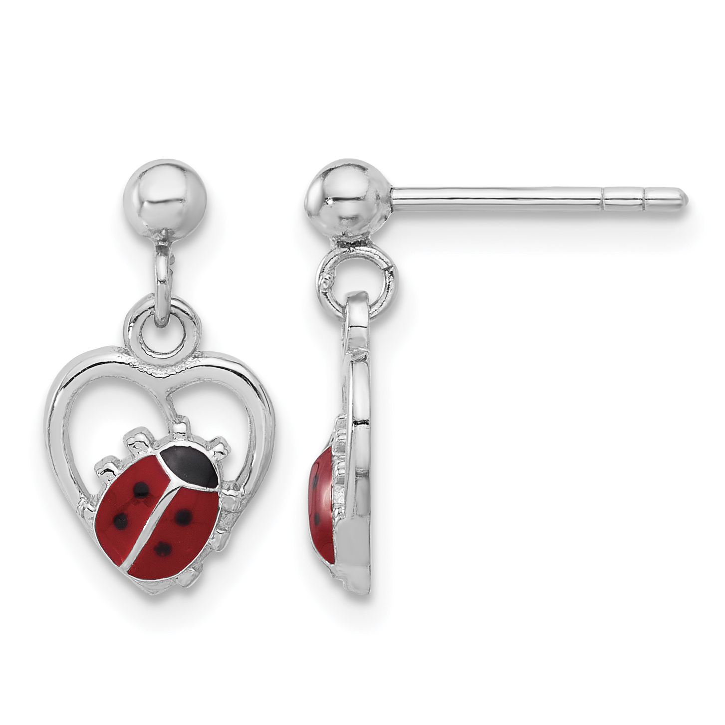 Sterling Silver Rh-plated Enameled Ladybug in Heart Post Dangle Earrings (QE17615)