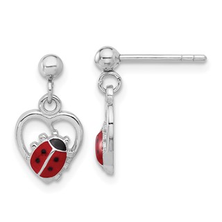 Sterling Silver Rh-plated Enameled Ladybug in Heart Post Dangle Earrings