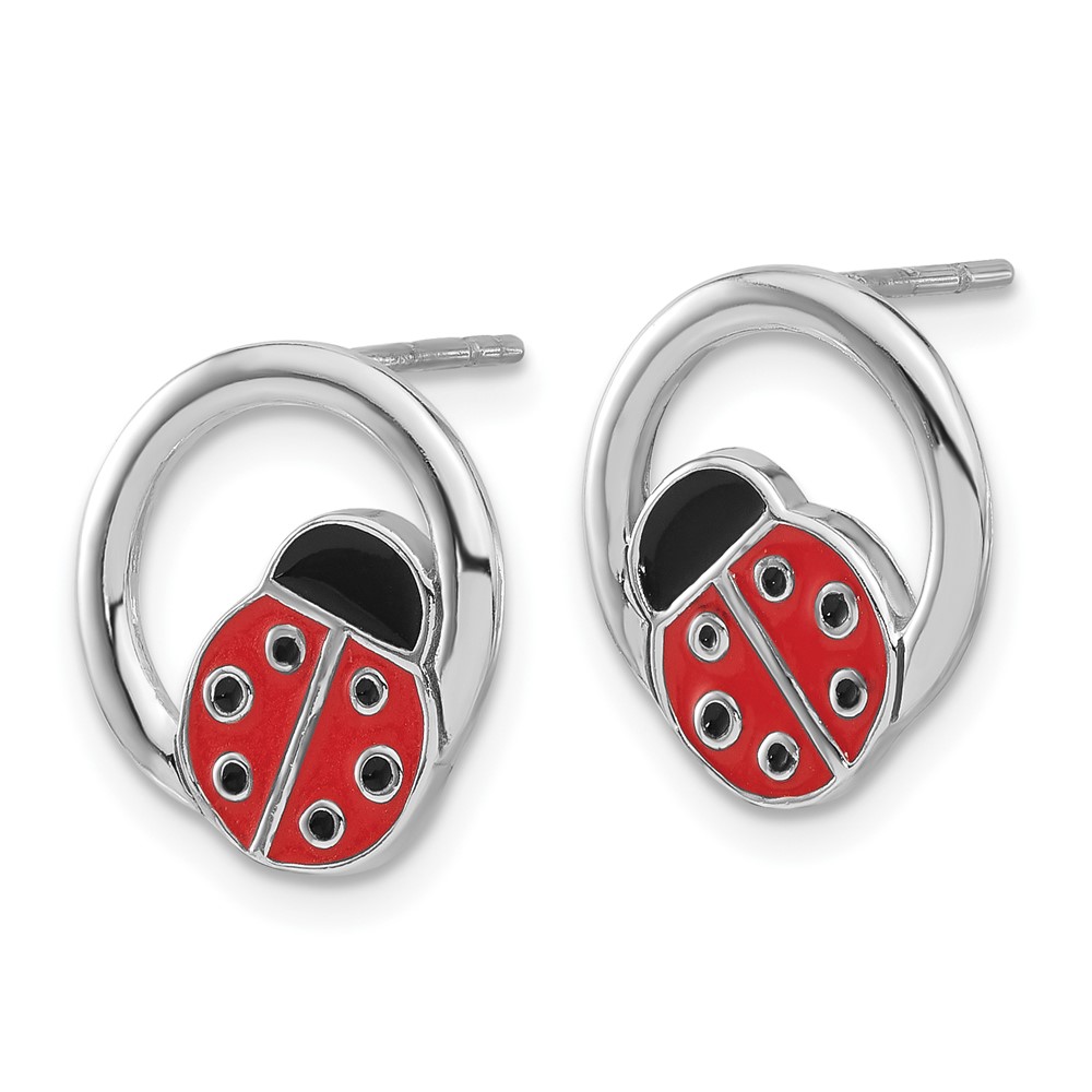 Sterling Silver Rhodium-plated Enameled Ladybug on Ring Post Earrings (QE17616)