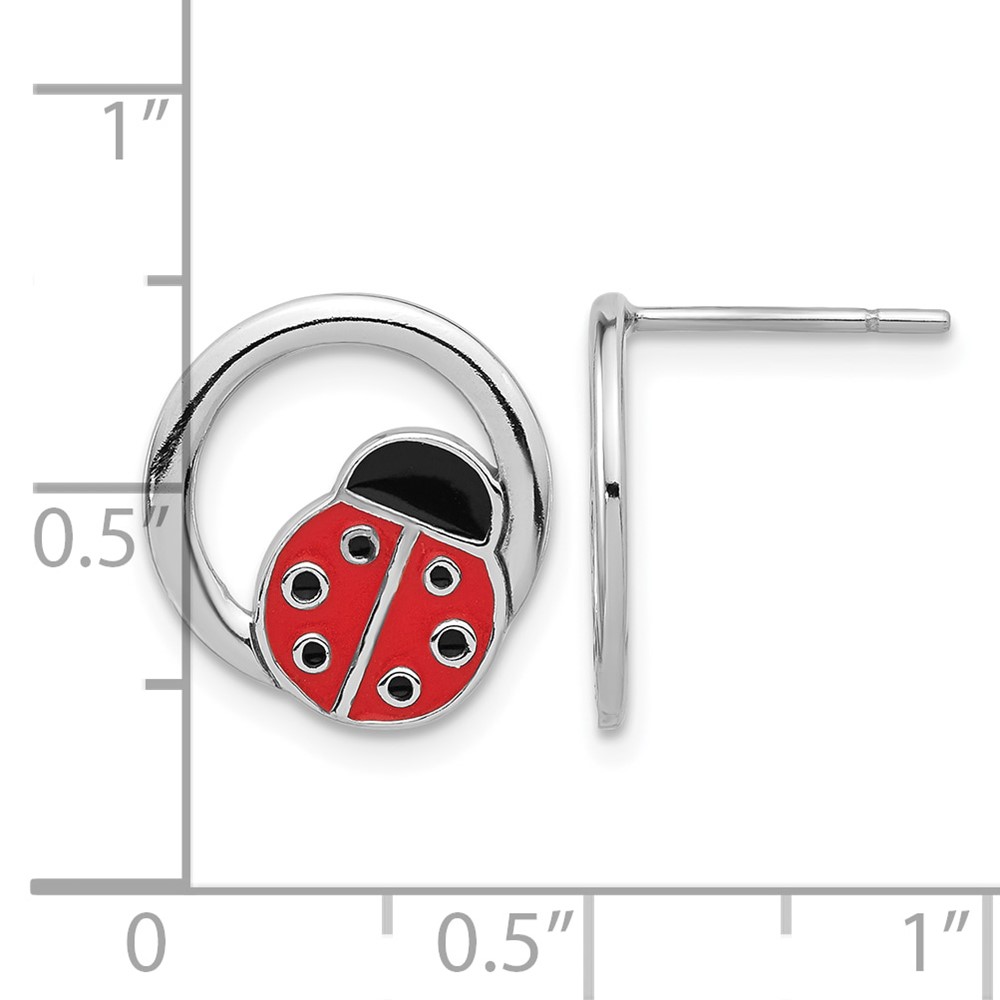 Sterling Silver Rhodium-plated Enameled Ladybug on Ring Post Earrings (QE17616)