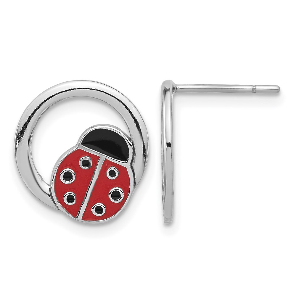 Sterling Silver Rhodium-plated Enameled Ladybug on Ring Post Earrings (QE17616)