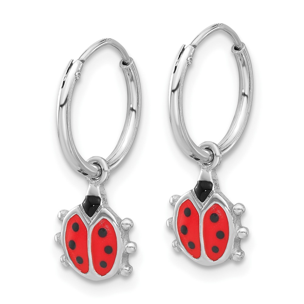 Sterling Silver Rhodium-plated Madi K Enamel Ladybug Hoop Earrings (QE17617)