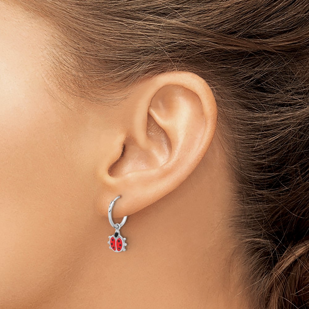 Sterling Silver Rhodium-plated Madi K Enamel Ladybug Hoop Earrings (QE17617)