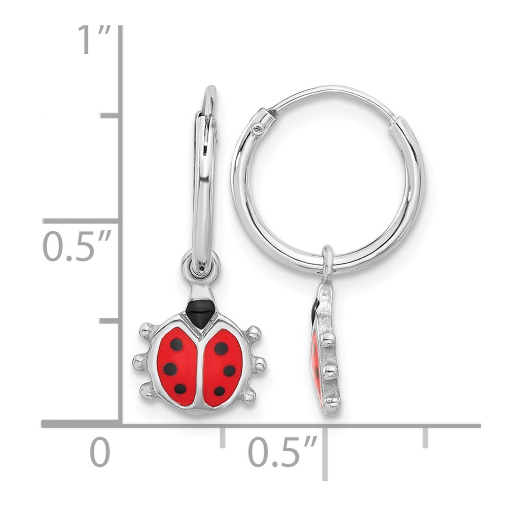 Sterling Silver Rhodium-plated Madi K Enamel Ladybug Hoop Earrings (QE17617)