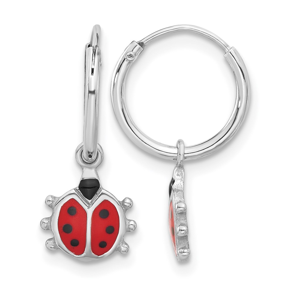 Sterling Silver Rhodium-plated Madi K Enamel Ladybug Hoop Earrings (QE17617)