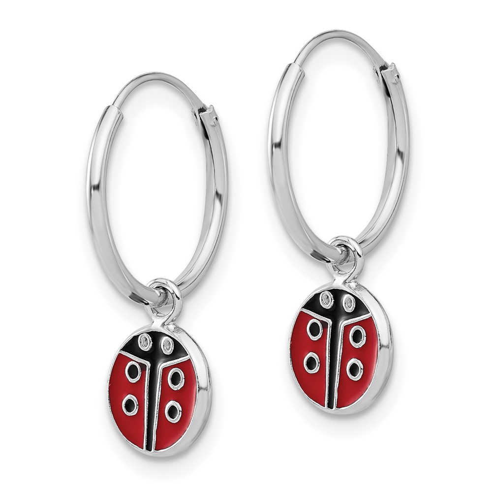 Sterling Silver Rh-plated Enamel Ladybug Dangle Eternity Hoop Earrings (QE17618)