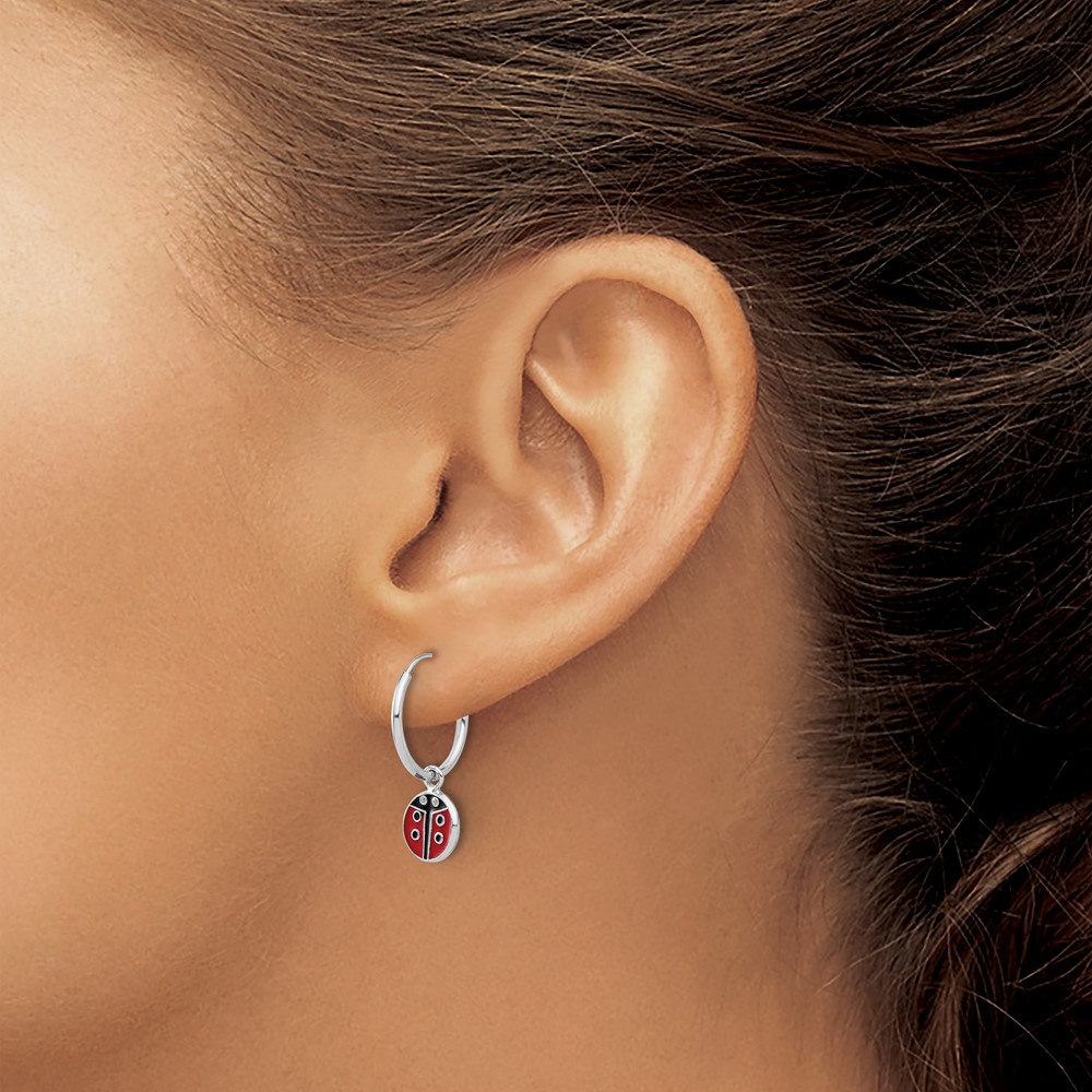 Sterling Silver Rh-plated Enamel Ladybug Dangle Eternity Hoop Earrings (QE17618)